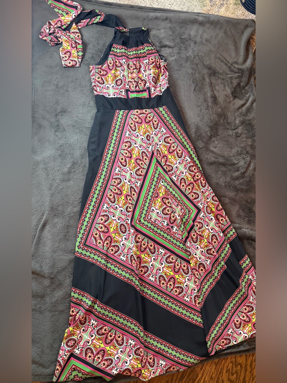 Eliza J Black Maxi Skirt with Pink and Green Paisley Print